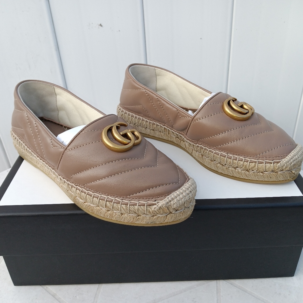 NEW GUCCI DOUBLE GG LOGO ESPADRILLES MARMONT MATELASSE LEATHER SZ 35 - Picture 9 of 14